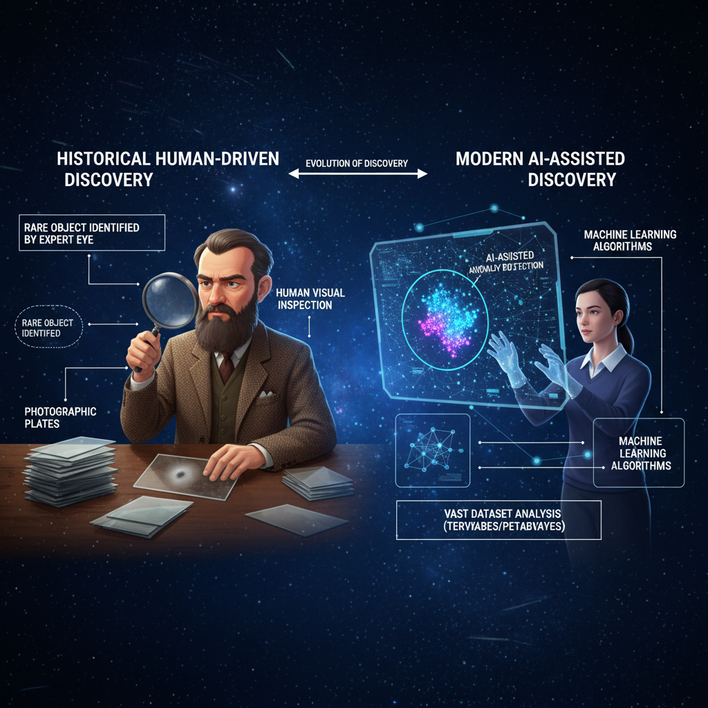 Este infográfico contrasta a descoberta astronômica impulsionada pela intuição humana, como a de Edwin Hubble, com a abordagem moderna de detecção de anomalias assistida por inteligência artificial. A IA permite analisar volumes de dados que superam a capacidade humana, acelerando a identificação de tesouros cósmicos.