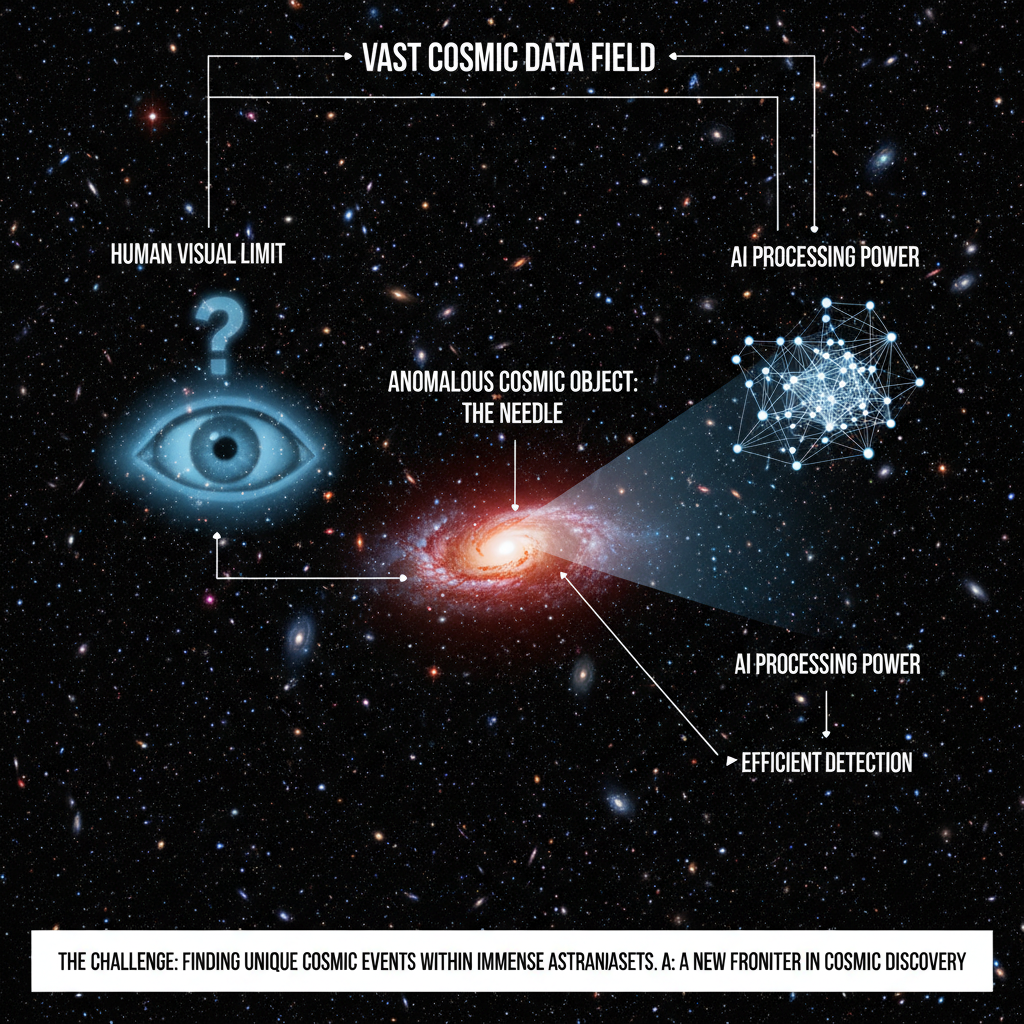 Este infográfico visualiza o desafio da 'agulha no palheiro cósmico', onde a vastidão dos dados astronômicos torna a descoberta manual de objetos raros quase impossível. A inteligência artificial se torna crucial para identificar anomalias em meio a petabytes de informações.
