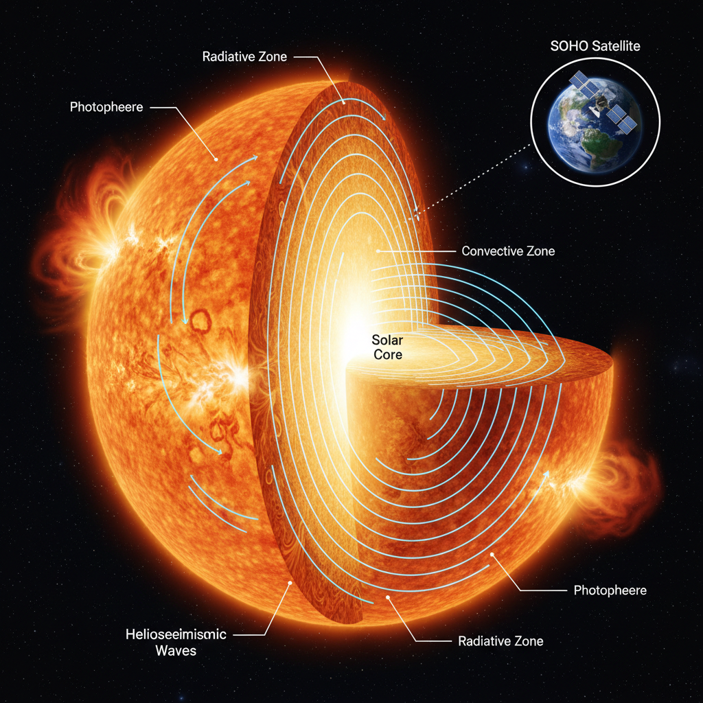 Infográfico detalhando a estrutura interna do Sol, incluindo o núcleo, zonas radiativa e convectiva, e a fotosfera, com a representação de ondas heliosísmicas que permitem aos cientistas estudar seu interior, como observado por missões como o SOHO.