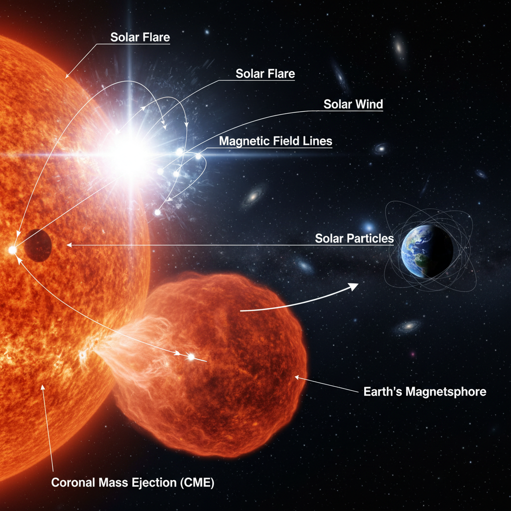 Este infográfico visualiza os fenômenos solares explosivos, como as chamas solares e as ejeções de massa coronal (CMEs), e seu potencial impacto na Terra, destacando o papel do campo magnético terrestre na proteção contra essas emissões.