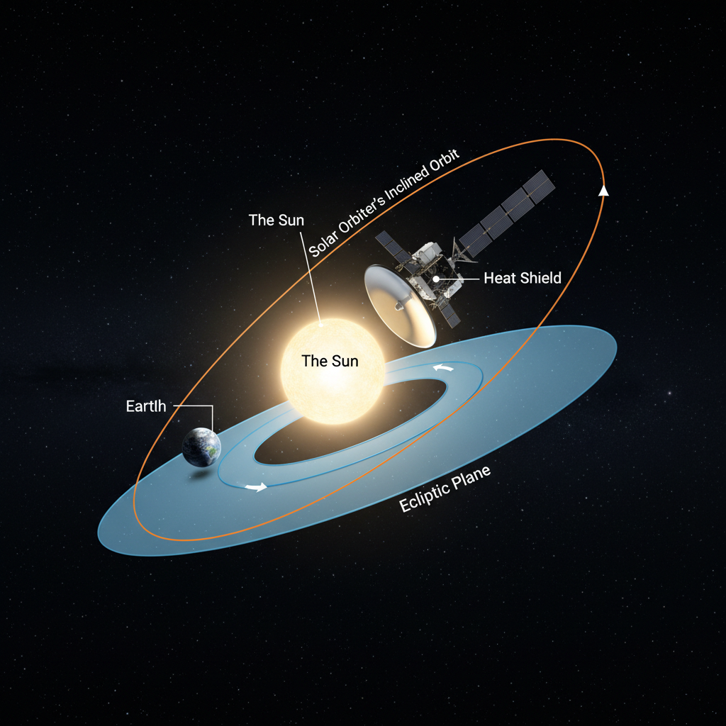 O infográfico demonstra a órbita singular da Solar Orbiter, que se inclina para fora do plano da eclíptica para permitir uma visão sem precedentes das regiões polares do Sol, protegendo-se com seu avançado escudo térmico.