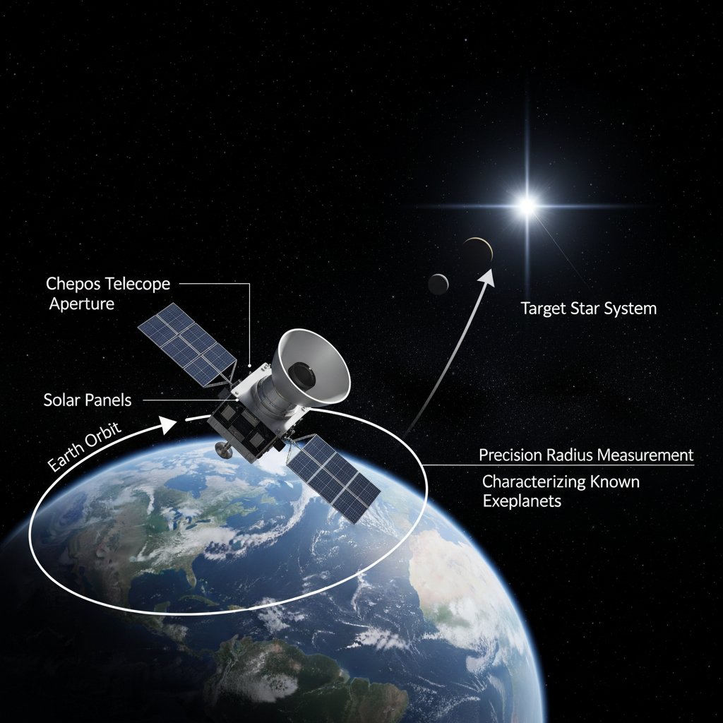O satélite Cheops da ESA é especializado em medir o raio de exoplanetas já conhecidos com precisão sem precedentes, focando em estrelas brilhantes e próximas para otimizar a coleta de dados.