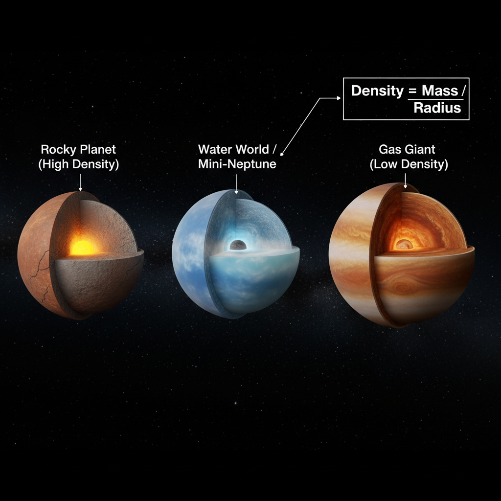 A densidade de um exoplaneta, calculada a partir de sua massa e raio, é crucial para inferir sua composição interna, distinguindo entre mundos rochosos, aquáticos ou gasosos.