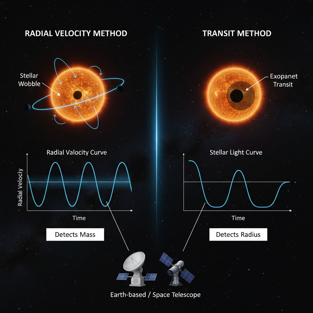 Os métodos de velocidade radial e trânsito são complementares: o primeiro detecta a massa do planeta através do 'bamboleio' estelar, enquanto o segundo revela seu tamanho pela queda de brilho da estrela.