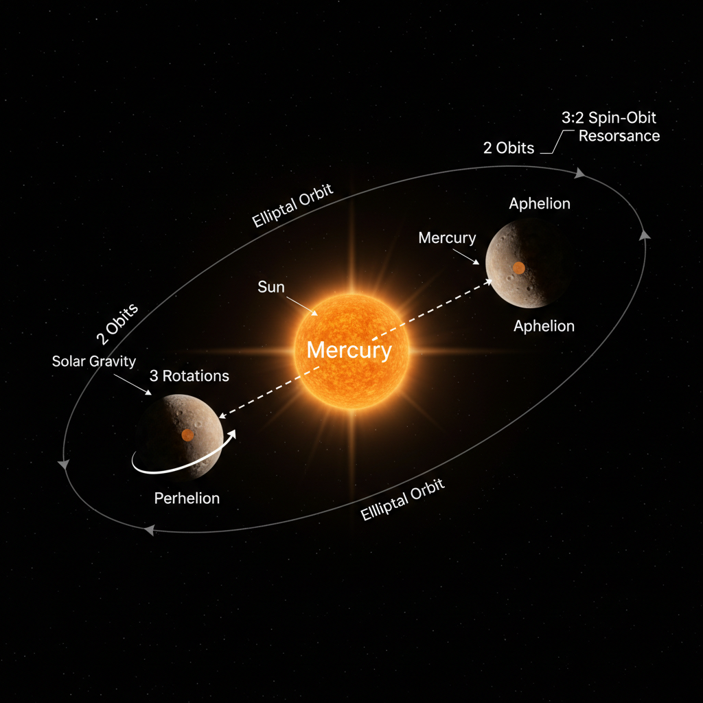 A órbita altamente elíptica de Mercúrio e sua ressonância de spin-órbita 3:2 são visualizadas, explicando como o planeta completa três rotações para cada duas órbitas ao redor do Sol, um fenômeno único no Sistema Solar.