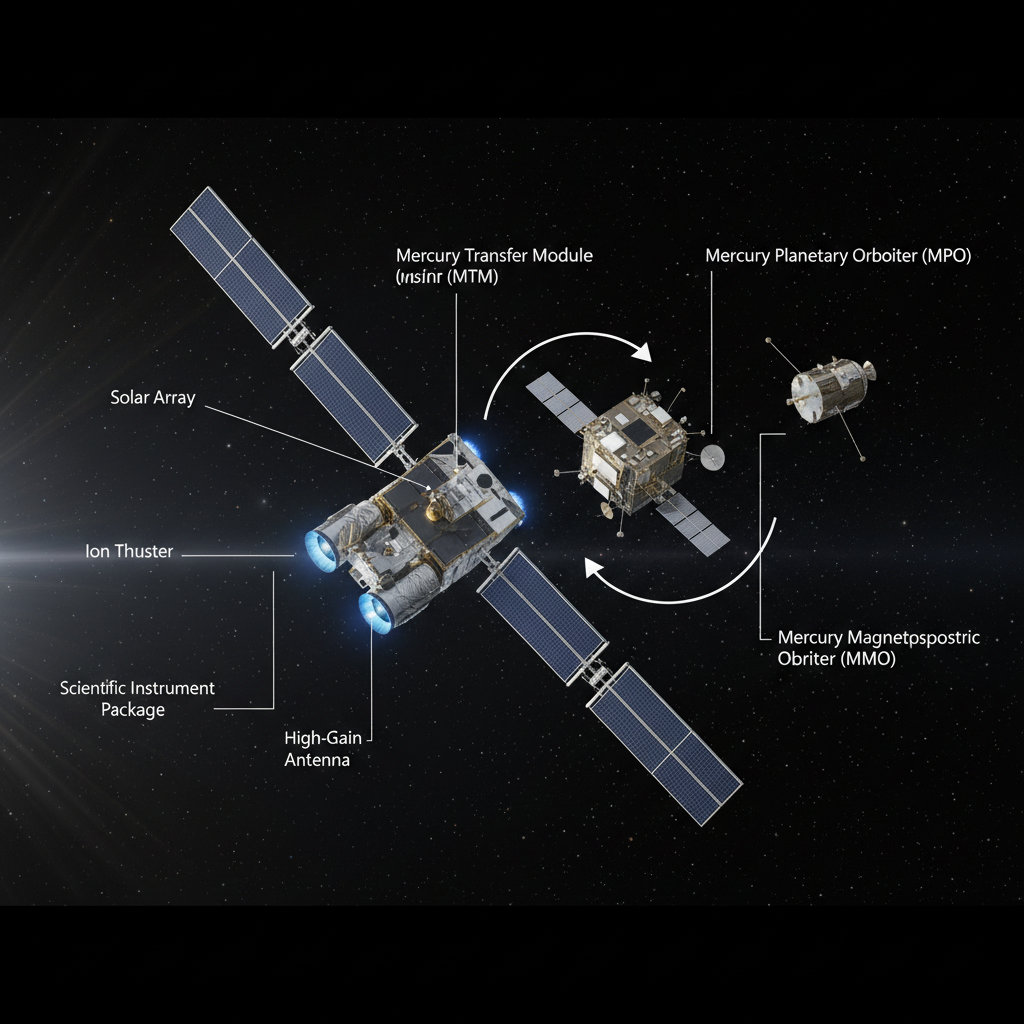 Este infográfico detalha a sonda BepiColombo, uma colaboração ESA-JAXA, mostrando seus três módulos distintos: o Módulo de Transferência, o Orbitador Planetário de Mercúrio (MPO) e o Orbitador Magnetosférico de Mercúrio (MMO), projetados para estudar o planeta de perto.