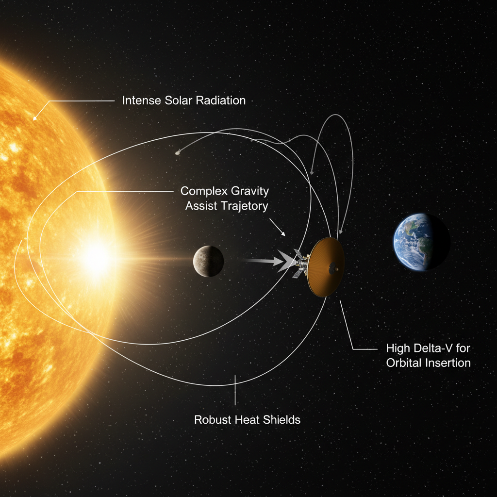 O infográfico demonstra os desafios extremos da exploração de Mercúrio, incluindo a necessidade de manobras complexas de assistência gravitacional, o alto consumo de energia para frear contra a gravidade solar e a proteção contra a intensa radiação solar.
