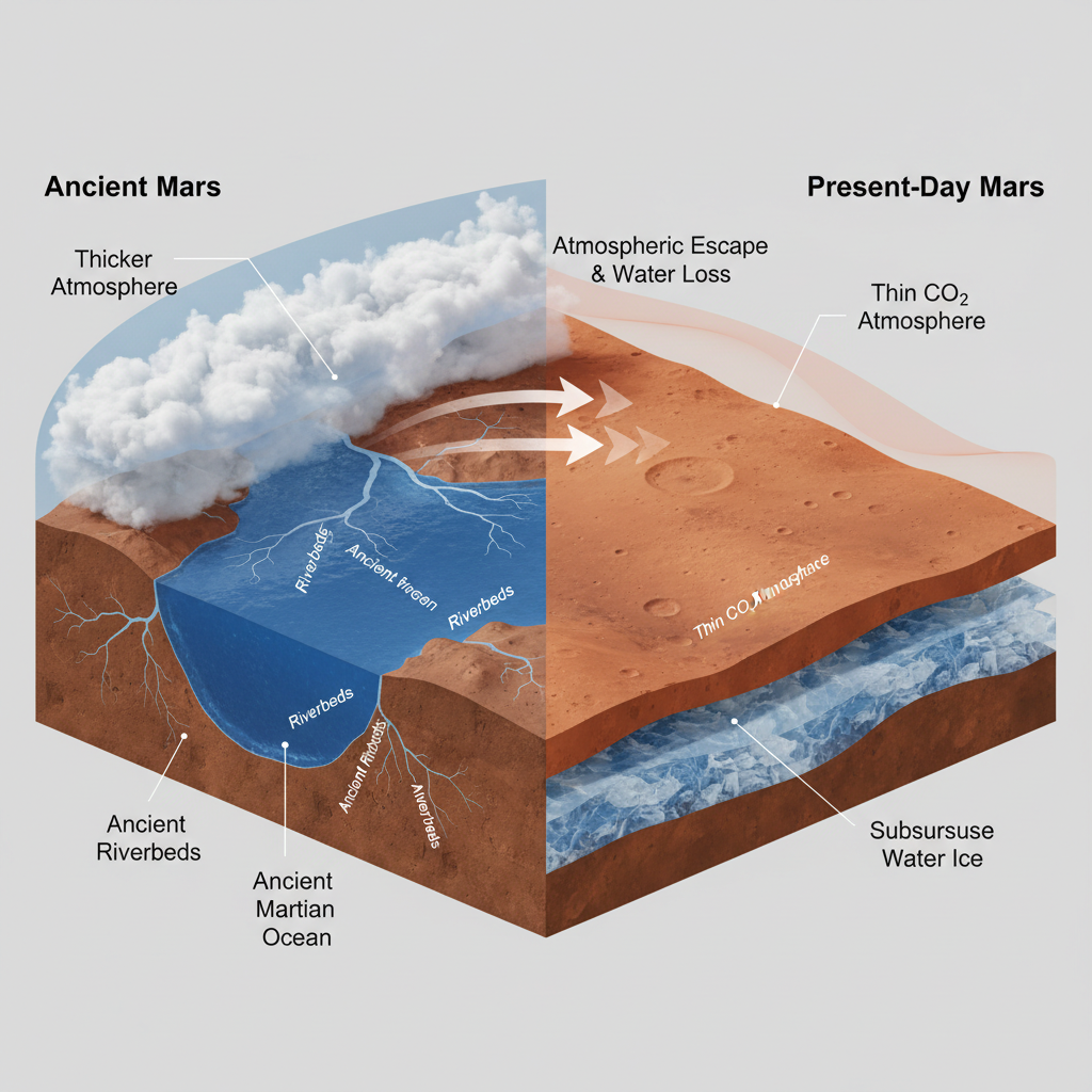 Este infográfico compara a Marte antiga, com oceanos e rios, com a Marte atual, seca e desolada, destacando a dramática perda de água e atmosfera ao longo de bilhões de anos.