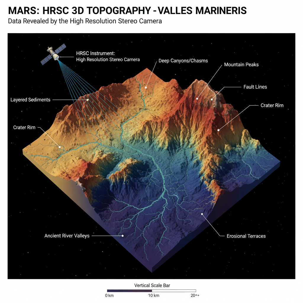 Uma visualização 3D da topografia marciana, com vales e montanhas destacados pela exatidão da câmera HRSC da Mars Express, revela a complexidade geológica do planeta.