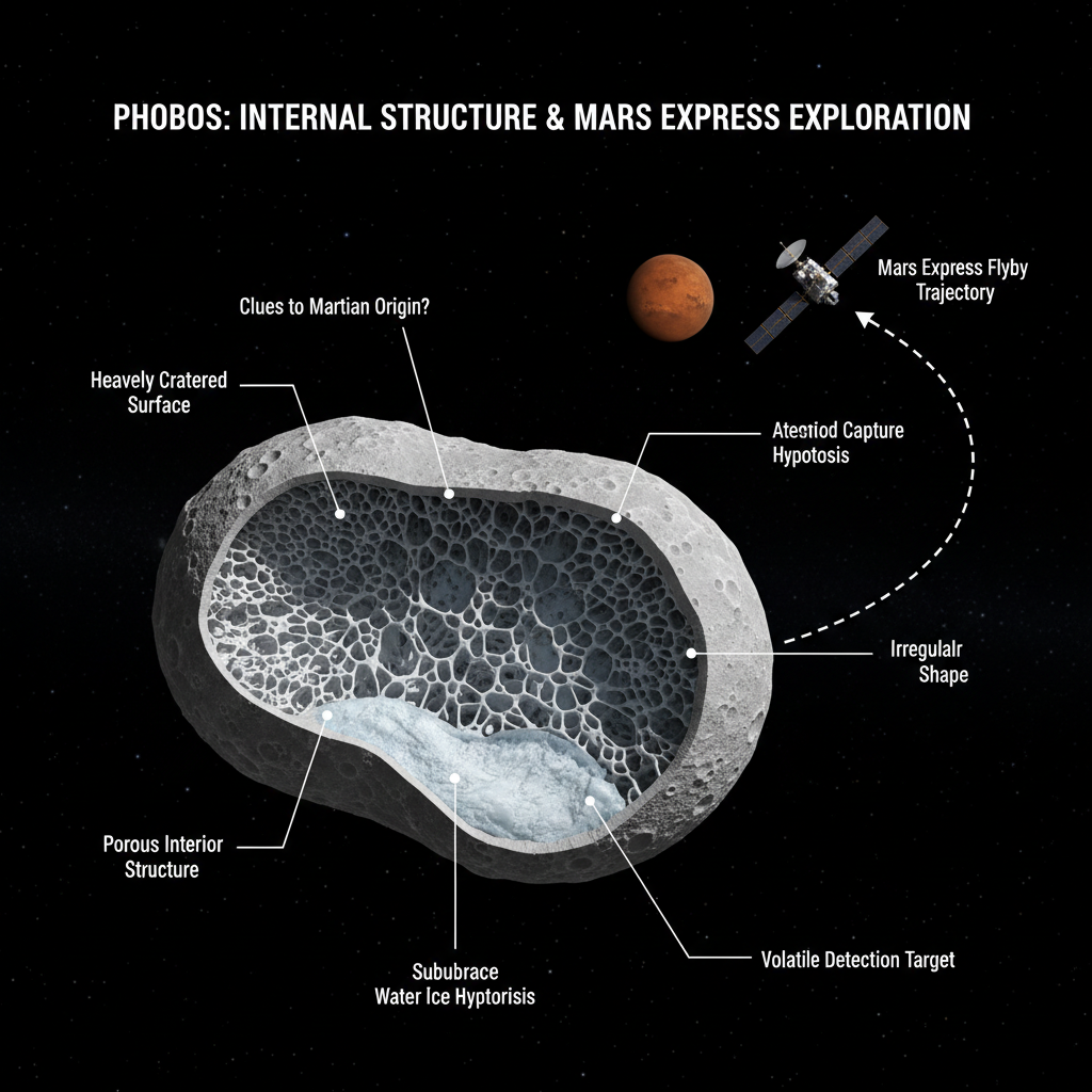 Um corte transversal de Fobos, a lua de Marte, revela sua estrutura porosa e a possível presença de gelo subsuperficial, um alvo de estudo crucial para a Mars Express.