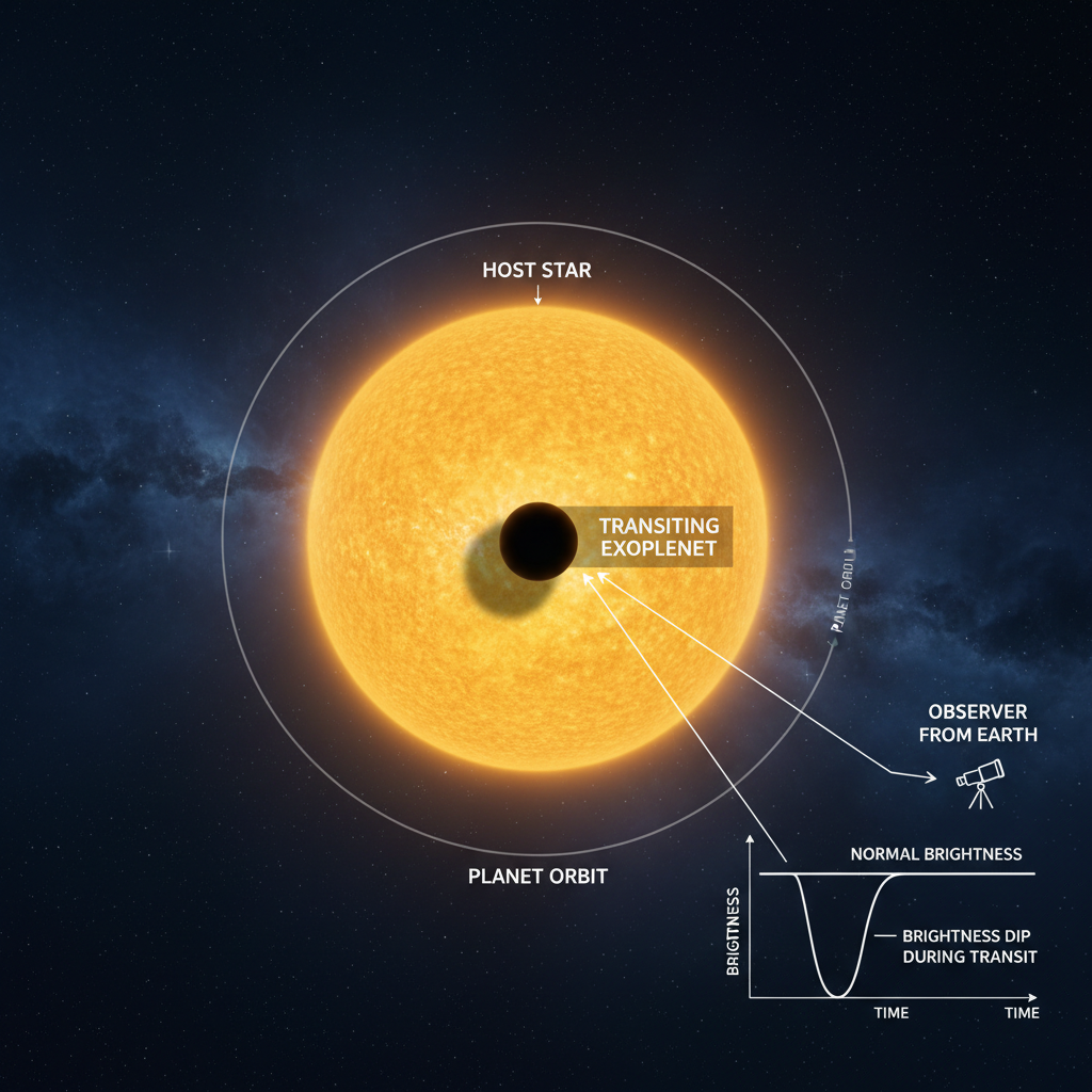 O método de trânsito detecta exoplanetas observando a pequena e periódica diminuição no brilho de uma estrela quando um planeta passa à sua frente, permitindo inferir seu tamanho e órbita.