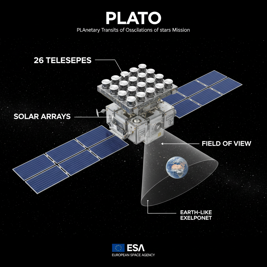 A missão PLATO da ESA utilizará 26 telescópios para monitorar milhares de estrelas, buscando exoplanetas rochosos na zona habitável, os potenciais 'gêmeos da Terra'.