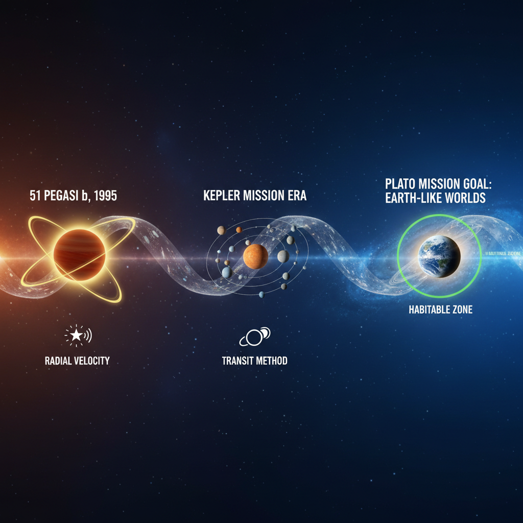 Este infográfico traça a evolução da detecção de exoplanetas, desde as primeiras descobertas de gigantes gasosos pelo método da velocidade radial até a busca atual por mundos rochosos semelhantes à Terra pelo método de trânsito, como o objetivo da missão PLATO.