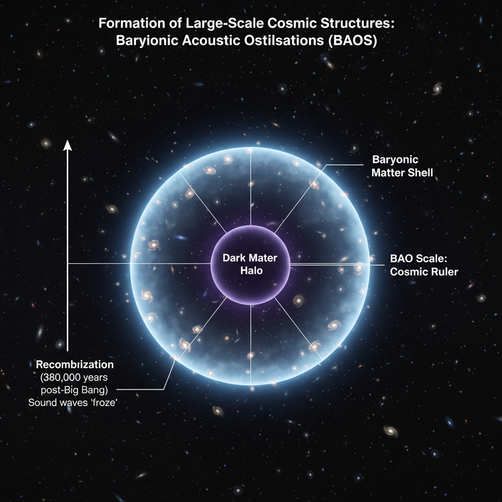 Diagrama mostrando como as Oscilações Acústicas Bariônicas (BAOs) congeladas após a recombinação cósmica formaram 'cascas' esféricas de matéria bariônica, que se tornaram os andaimes para a formação de galáxias e superaglomerados, com a matéria escura no centro.
