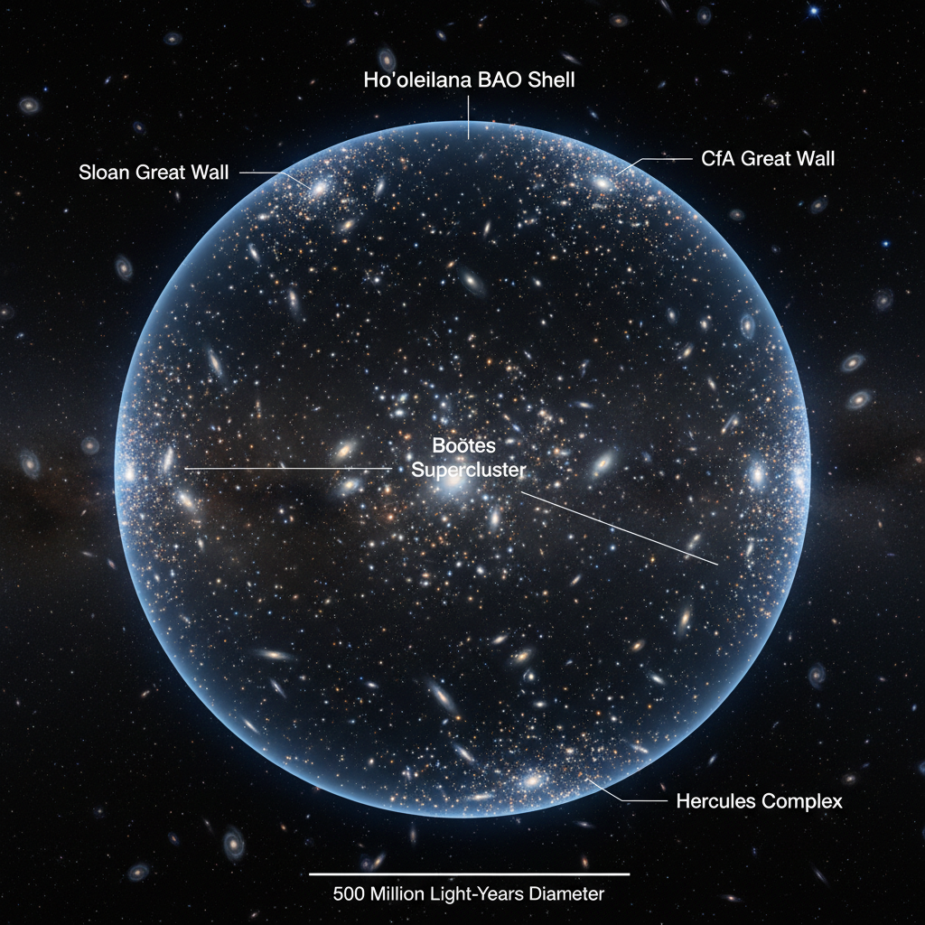 Representação da estrutura Ho’oleilana, uma Oscilação Acústica Bariônica (BAO) individual gigante, com o Superaglomerado de Boötes em seu centro e outras grandes muralhas de galáxias em sua 'casca' esférica.