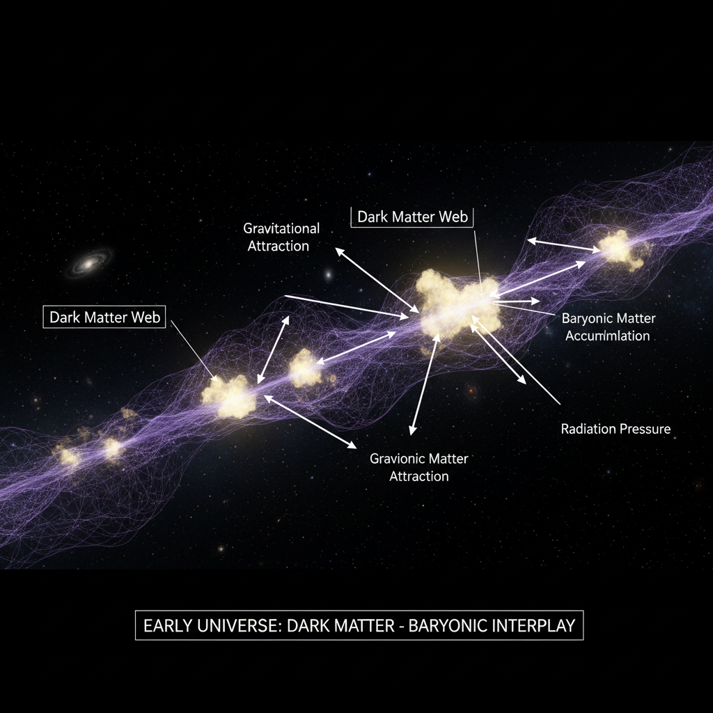 Diagrama conceitual da interação entre matéria escura e matéria bariônica no universo primordial. A matéria escura forma um 'andaime' gravitacional invisível, enquanto a matéria bariônica é moldada pelas ondas sonoras e pela gravidade, aglomerando-se nas estruturas que vemos hoje.