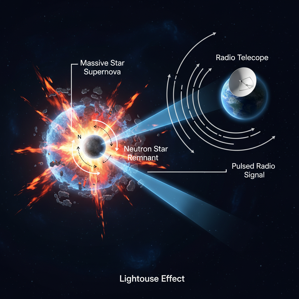 Este infográfico detalha a formação de um pulsar a partir da explosão de uma estrela massiva e o mecanismo de detecção de seus feixes de rádio por telescópios na Terra.