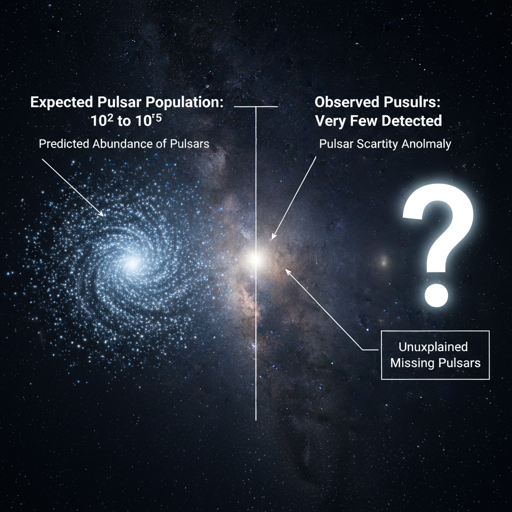 O infográfico ilustra a discrepância entre a população esperada de pulsares no Centro Galáctico e o número surpreendentemente baixo de detecções, um enigma que desafia os astrofísicos.