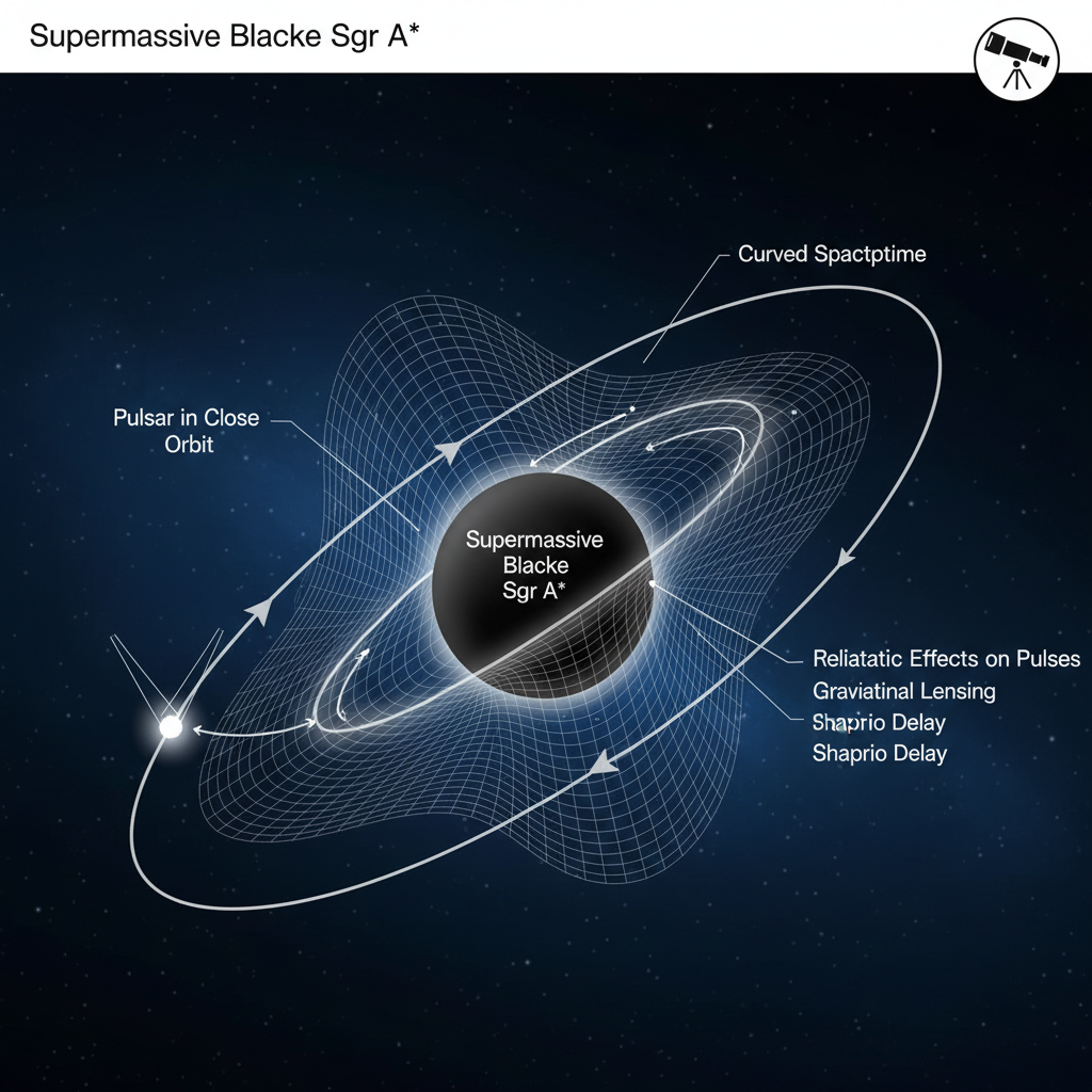 Esta imagem conceitual demonstra como pulsares em órbitas próximas a Sagitário A* poderiam servir como laboratórios naturais para testar a Teoria da Relatividade Geral de Einstein, revelando os efeitos da gravidade extrema.