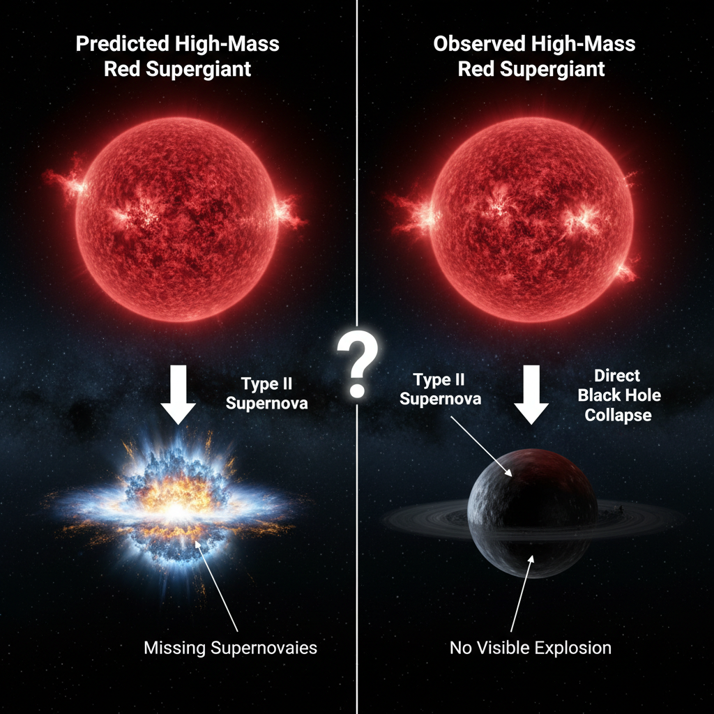Este infográfico compara a expectativa teórica de supernovas de supergigantes vermelhas de alta massa com a observação de seu desaparecimento sem uma explosão visível, o 'problema da supergigante vermelha ausente'.