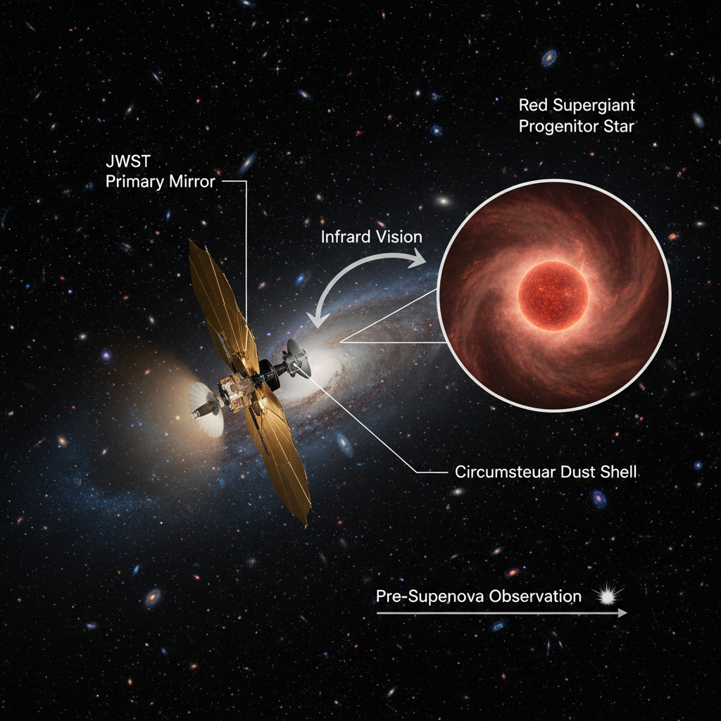 O Telescópio Espacial James Webb utiliza sua visão infravermelha para capturar o perfil de estrelas supergigantes vermelhas antes de explodirem, revelando detalhes sobre seu ambiente e composição.