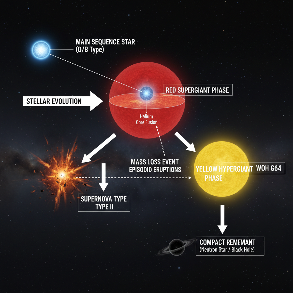 Este infográfico detalha o ciclo de vida de estrelas massivas, destacando a fase de supergigante vermelha e a rara transição para uma hipergigante amarela, como observado em WOH G64, antes de seu eventual fim como supernova.