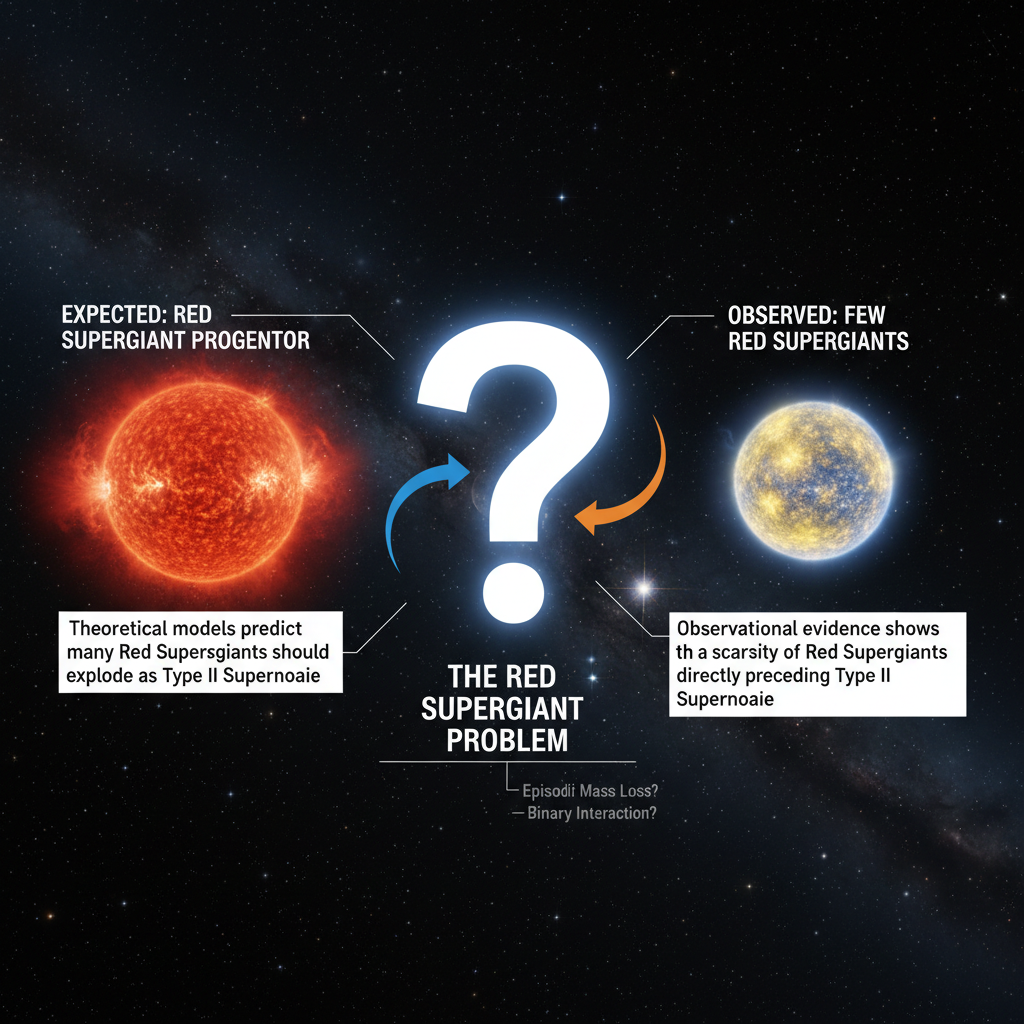 O infográfico ilustra o 'Problema das Supergigantes Vermelhas', a discrepância entre o número esperado e o observado de supergigantes vermelhas explodindo como supernovas Tipo II, um mistério que WOH G64 pode ajudar a resolver.