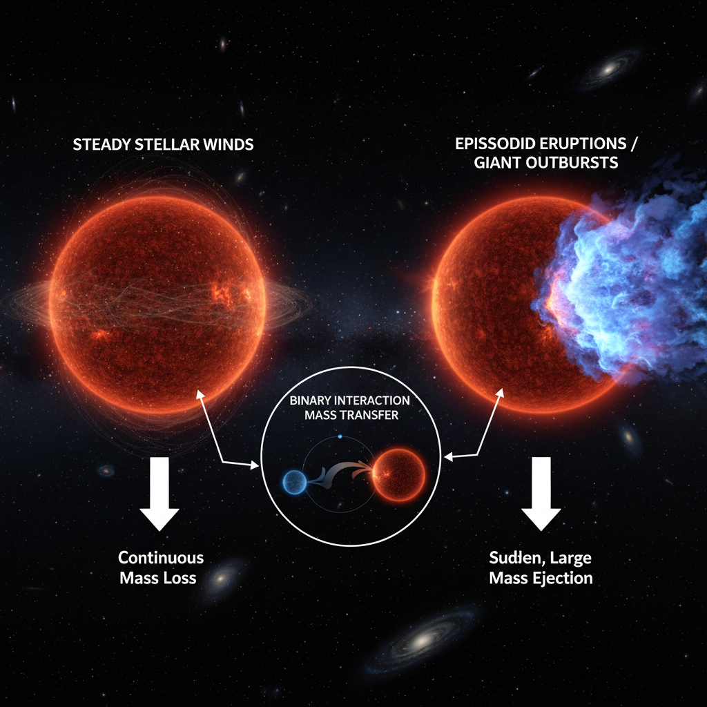 Este infográfico visualiza os mecanismos cruciais de perda de massa estelar – ventos contínuos, erupções episódicas e interações binárias – que moldam a evolução e o destino de estrelas gigantes como WOH G64.