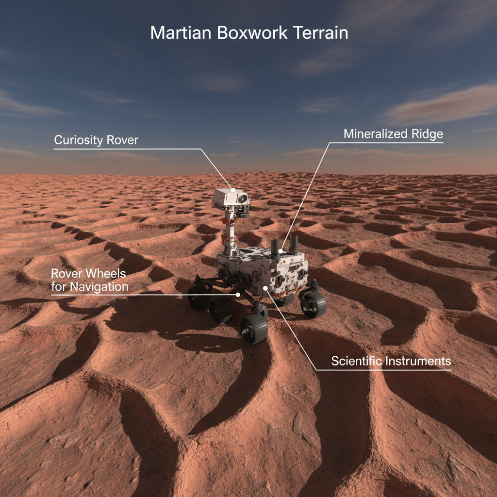 O rover Curiosity da NASA é ilustrado navegando pelas desafiadoras cristas das formações de 'boxwork' em Marte, coletando dados cruciais para entender a história da água subterrânea no planeta.