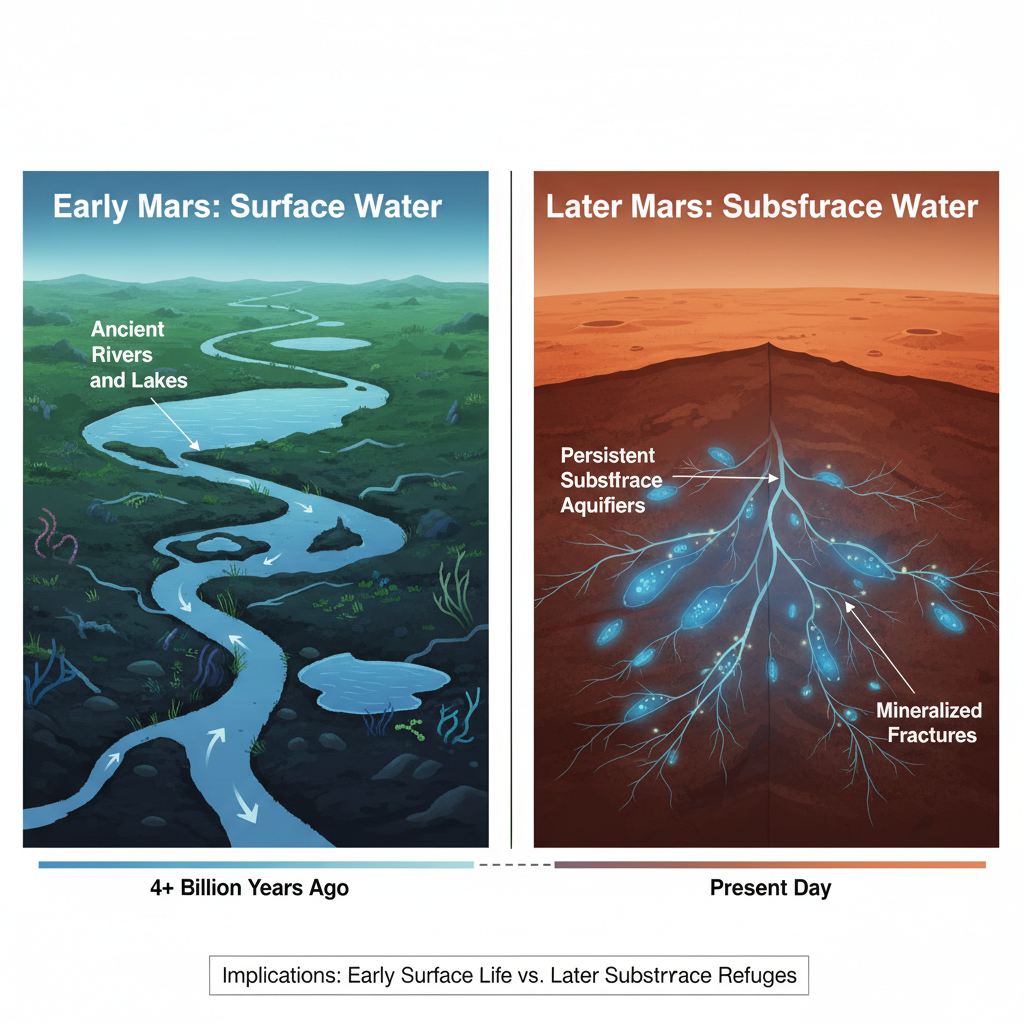 Este infográfico compara a presença de água na superfície do início de Marte com a persistência de água subterrânea em períodos posteriores, destacando as implicações para a habitabilidade microbiana.