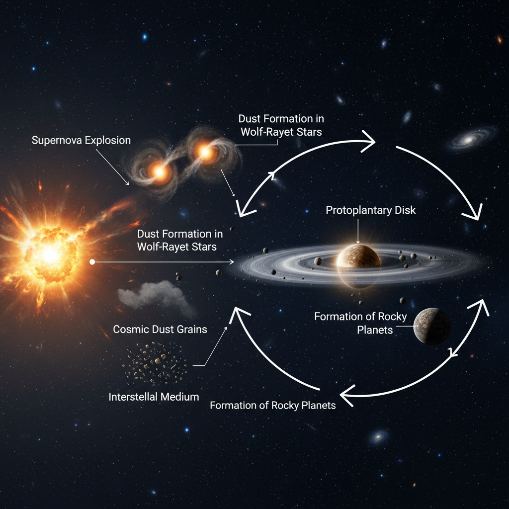 O infográfico ilustra o ciclo vital da poeira cósmica, desde sua formação em estrelas massivas e supernovas até sua agregação em discos protoplanetários, culminando na criação de novos sóis e planetas rochosos.
