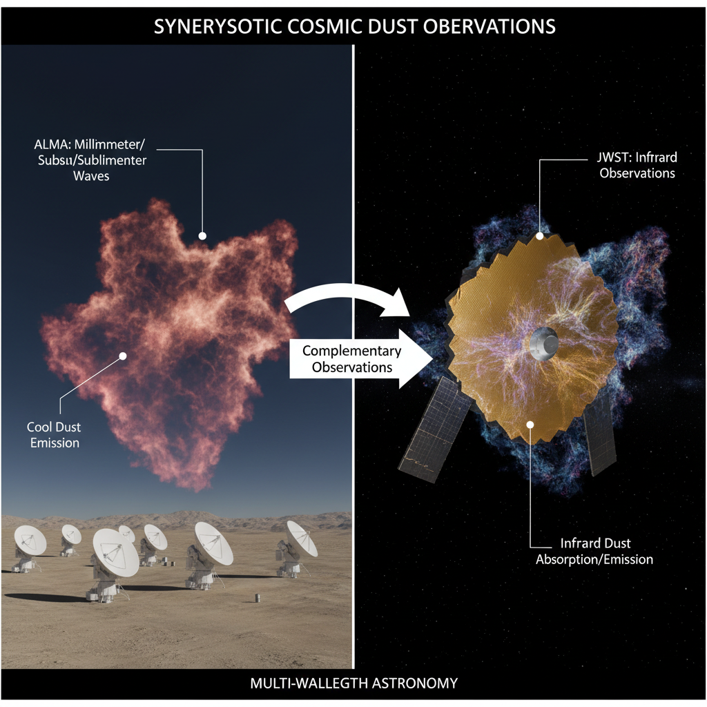 Este infográfico demonstra como as observações combinadas do ALMA (ondas milimétricas/submilimétricas) e do JWST (infravermelho) revelam a complexa natureza da poeira cósmica, desde suas regiões mais frias até as mais quentes.