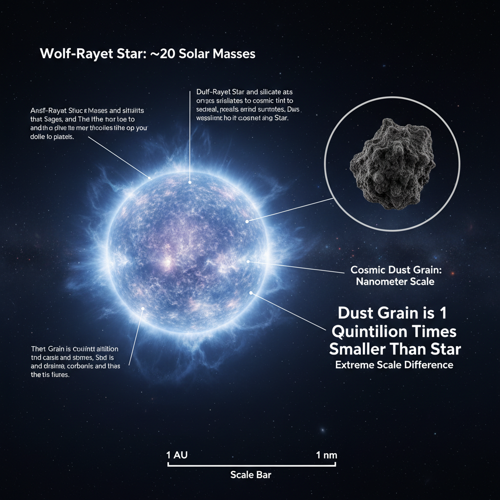 Este infográfico visualiza a impressionante diferença de escala entre uma estrela Wolf-Rayet massiva e um minúsculo grão de poeira cósmica, que é um quintilhão de vezes menor, mas fundamental para a formação planetária.