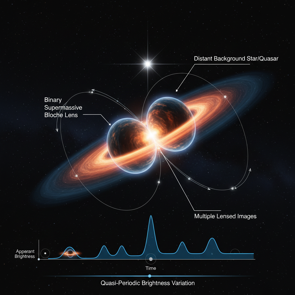 A técnica de Lente Gravitacional Quase-Periódica (QPLS) utiliza buracos negros binários como 'lentes cósmicas' para detectar sua presença através da distorção e variação de brilho da luz de estrelas distantes.