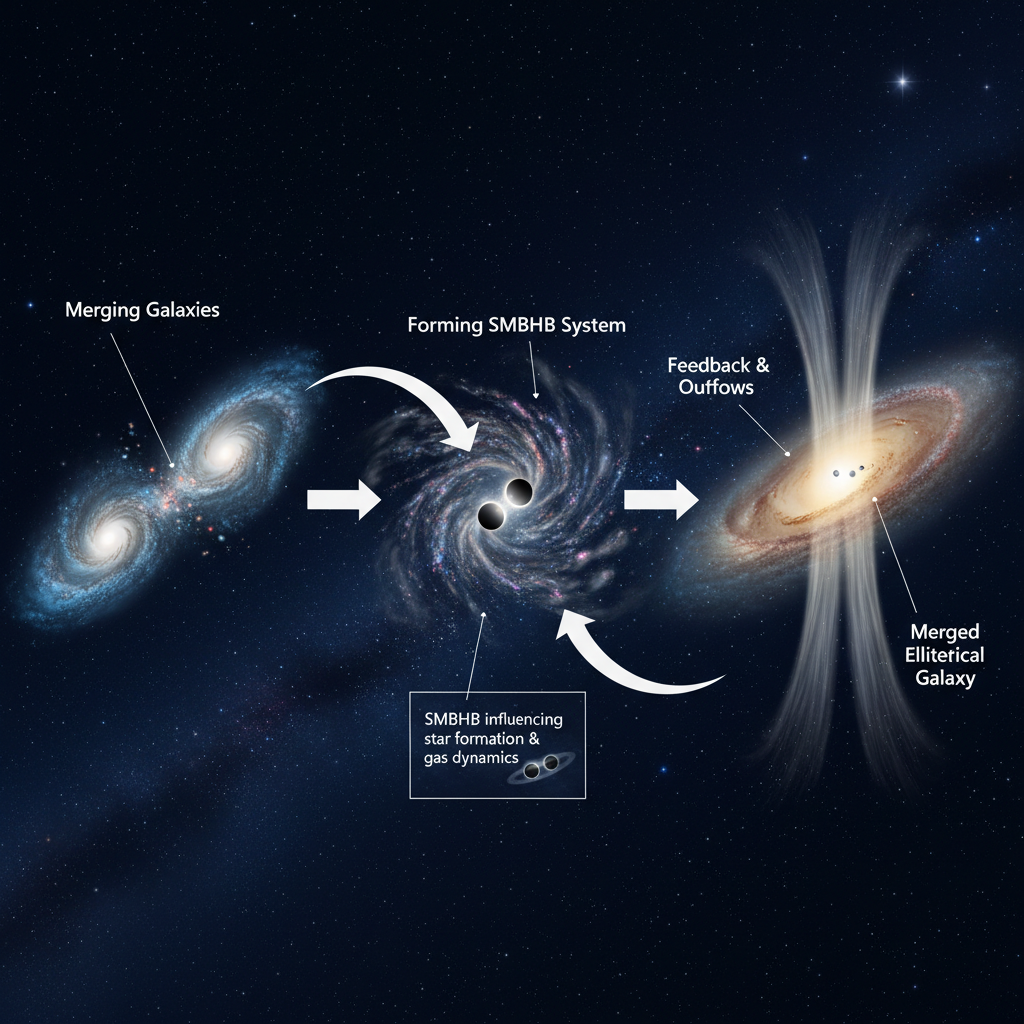 Este infográfico demonstra como a fusão de galáxias leva à formação de sistemas binários de buracos negros supermassivos, que por sua vez desempenham um papel crucial na evolução e morfologia das galáxias resultantes.