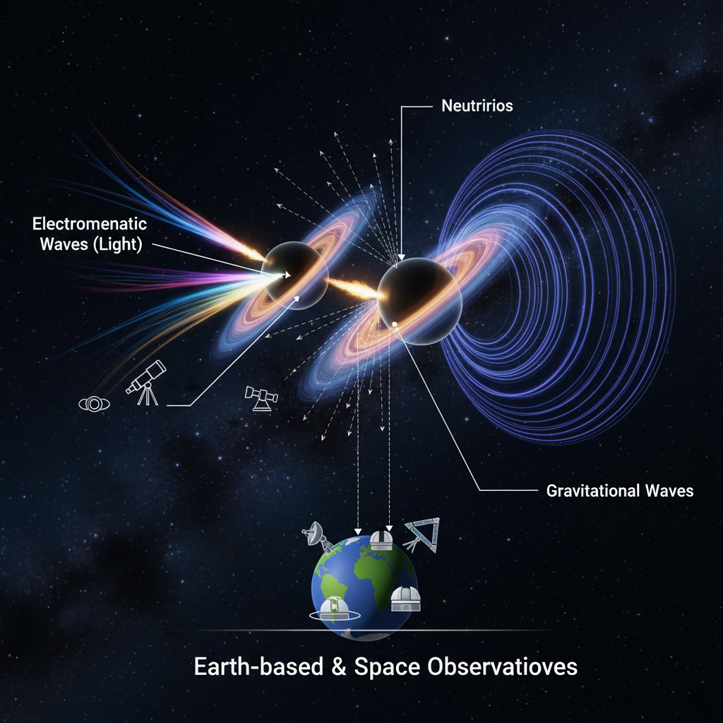 A detecção de sistemas binários de buracos negros supermassivos é aprimorada pela astronomia multimensageira, combinando observações de ondas eletromagnéticas, ondas gravitacionais e neutrinos para uma compreensão completa.