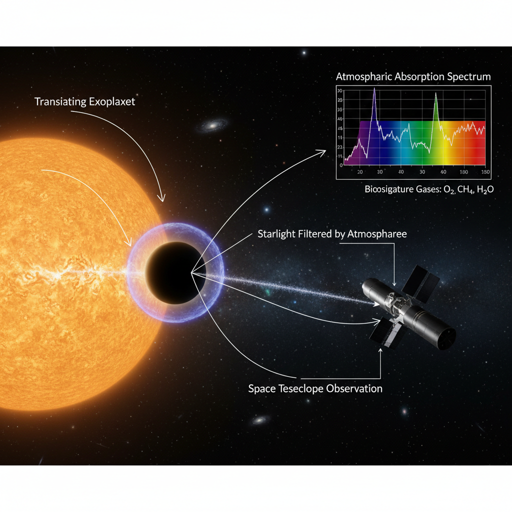 A detecção de biossignaturas atmosféricas em exoplanetas, como oxigênio e metano, é um método promissor na busca por vida, utilizando o telescópio espacial para analisar a luz estelar filtrada.