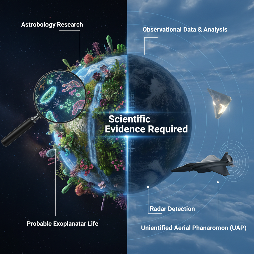 Este infográfico diferencia a busca científica por vida em exoplanetas, baseada em astrobiologia, da investigação de Fenômenos Aéreos Não Identificados (UAPs), que exigem análise rigorosa de dados observacionais.