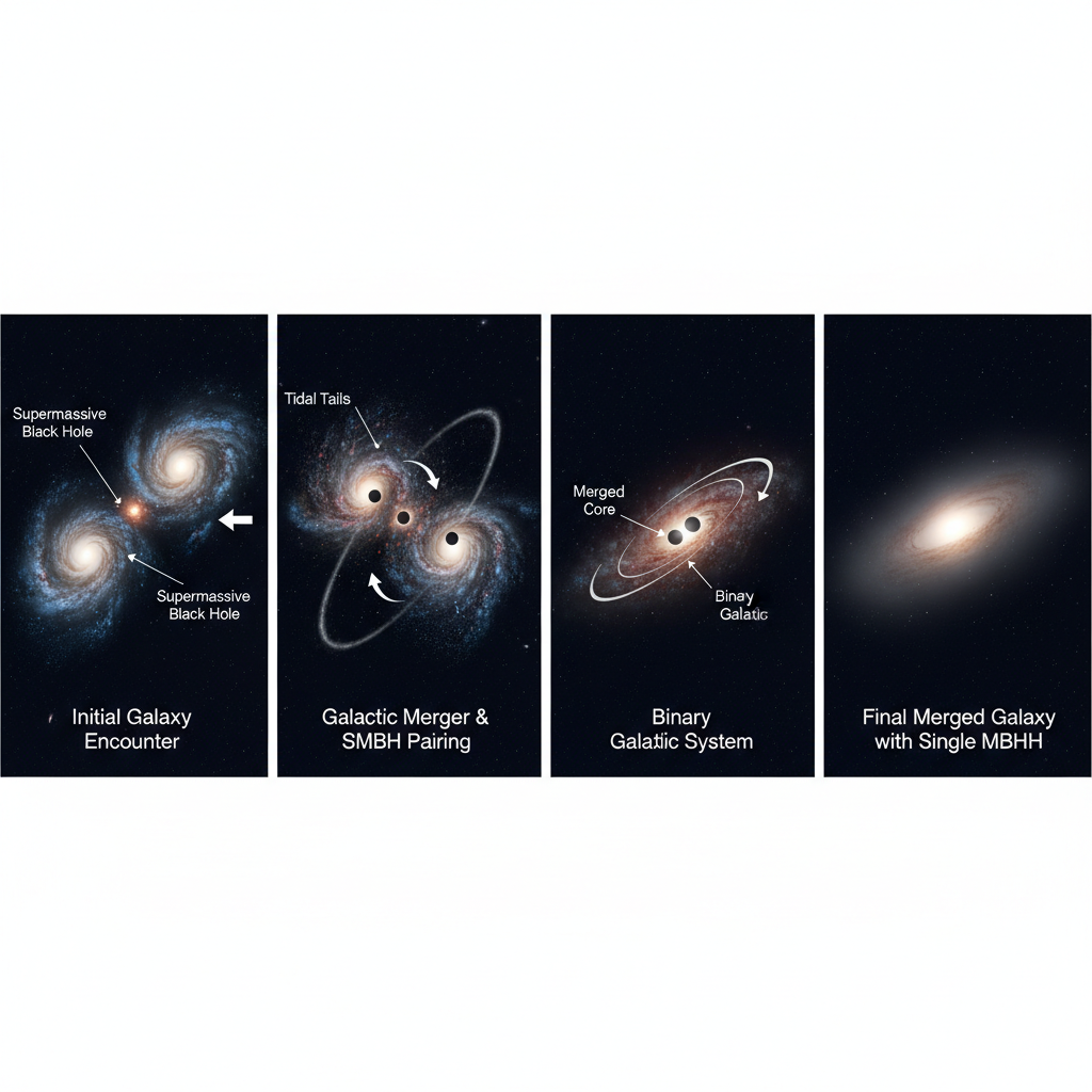 A evolução das galáxias é intrinsecamente ligada à de seus buracos negros supermassivos centrais, que se unem à medida que as galáxias colidem e se fundem ao longo de bilhões de anos.