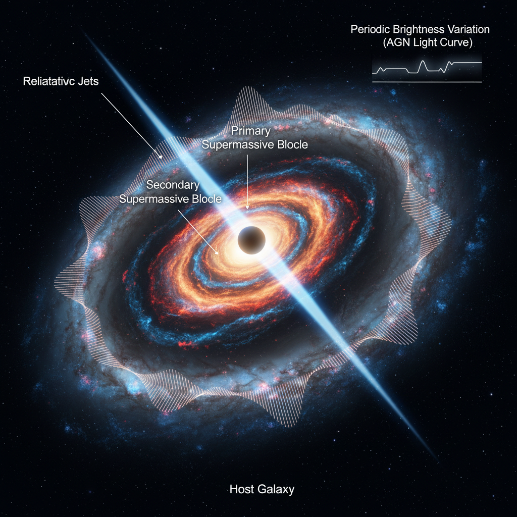 Em galáxias ativas, a presença de buracos negros supermassivos binários pode ser inferida por variações periódicas no brilho do Núcleo Ativo de Galáxia (AGN) e pela emissão de jatos relativísticos.
