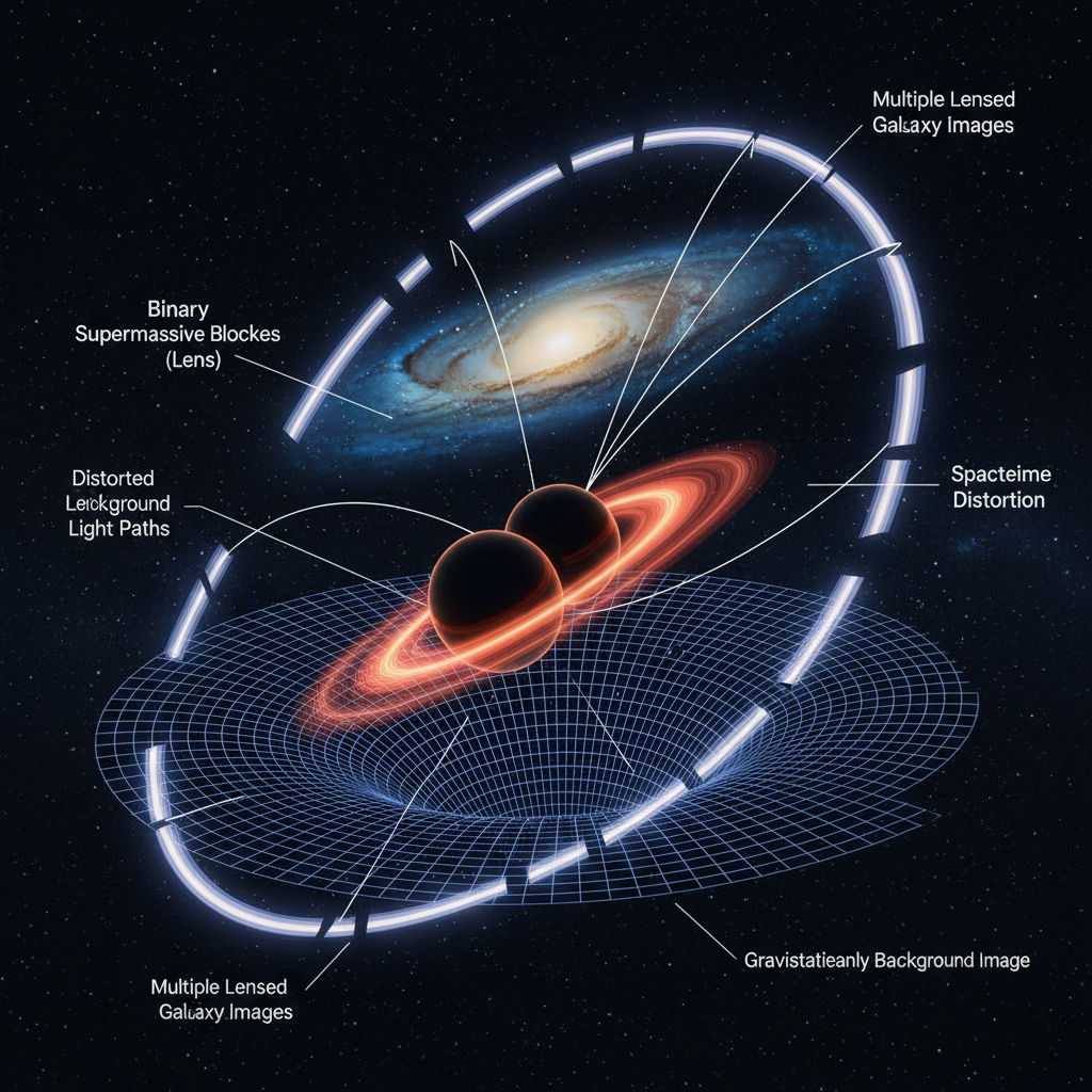 A gravidade combinada de um par de buracos negros supermassivos atua como uma lente cósmica, distorcendo e amplificando a luz de objetos distantes, um fenômeno crucial para sua detecção em galáxias inativas.