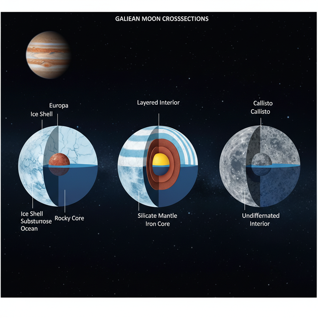 Infográfico detalhado das luas galileanas Europa, Ganimedes e Calisto, revelando seus oceanos subsuperficiais sob as crostas de gelo, que são ambientes promissores para a busca por vida extraterrestre.