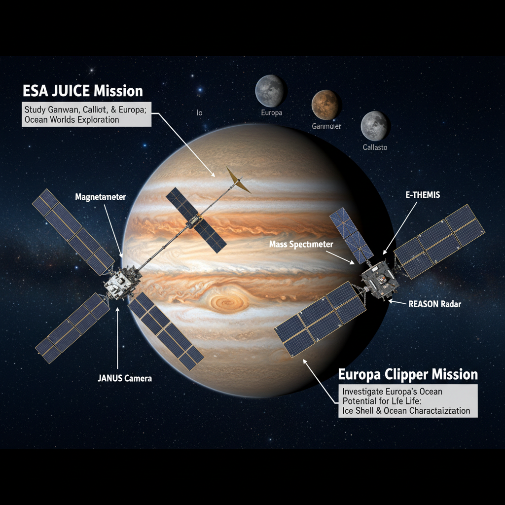 Este infográfico apresenta as missões espaciais JUICE da ESA e Europa Clipper da NASA, destacando seus instrumentos avançados projetados para investigar a composição química e a habitabilidade das luas geladas de Júpiter.