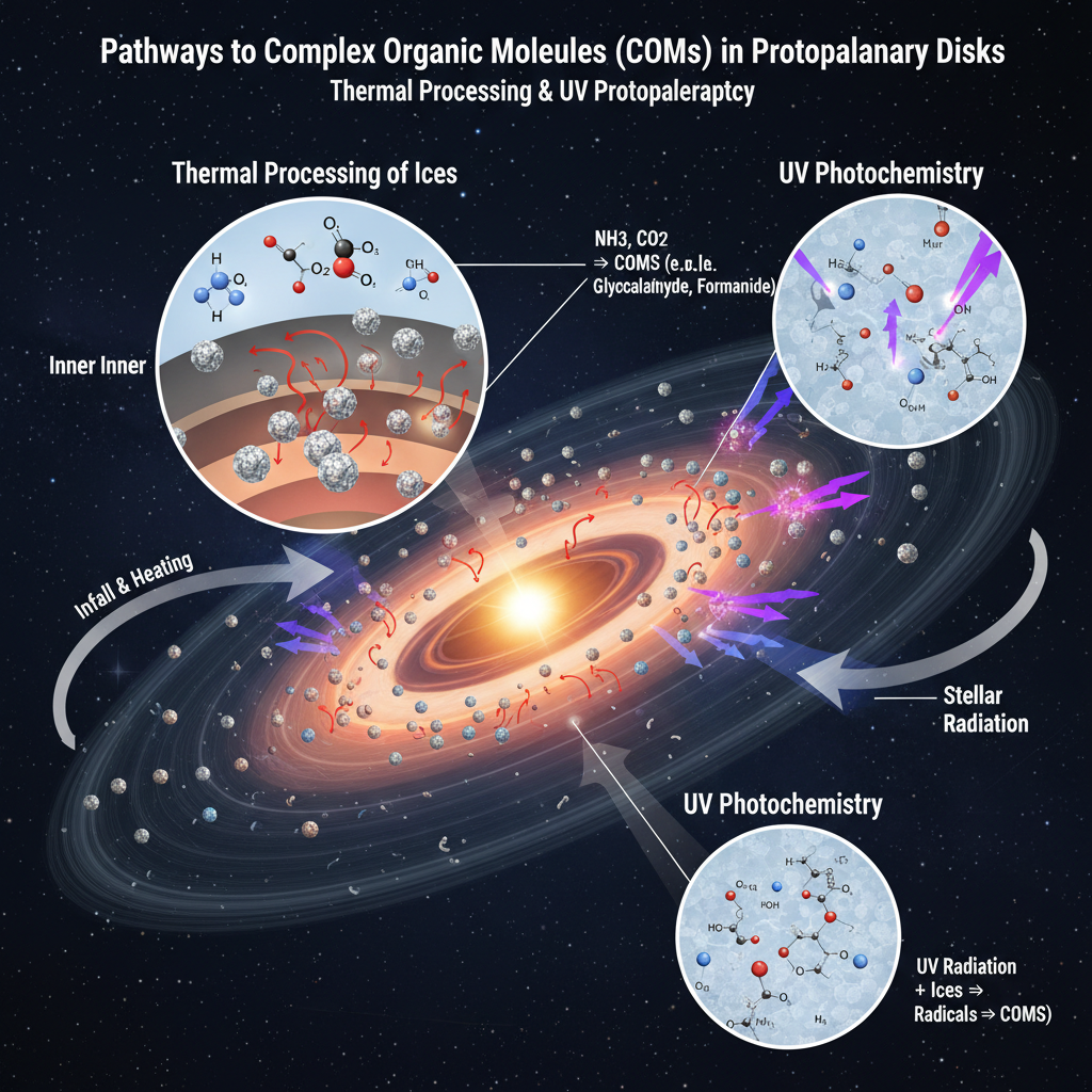 Diagrama explicativo dos dois mecanismos principais de formação de moléculas orgânicas complexas (COMs) em discos protoplanetários: o processamento térmico de gelos e as reações fotoquímicas induzidas por radiação UV.