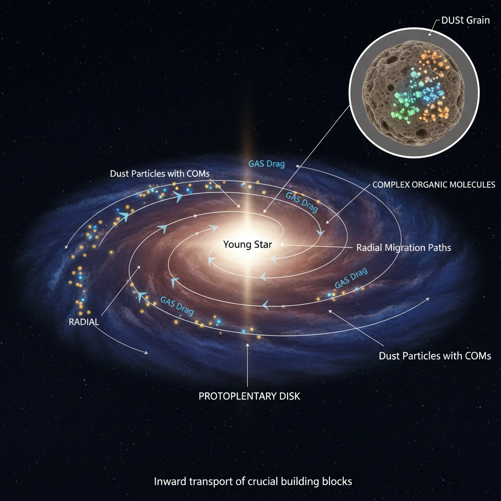 Este infográfico demonstra como as moléculas orgânicas complexas (COMs), formadas nas regiões externas de um disco protoplanetário, são transportadas para as regiões internas através da migração radial de grãos de poeira.