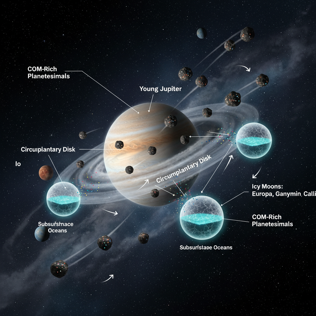 Infográfico ilustrando a entrega de moléculas orgânicas complexas (COMs) às luas geladas de Júpiter, como Europa, Ganimedes e Calisto, através da acreção de planetesimais ricos em COMs durante a formação do sistema joviano.