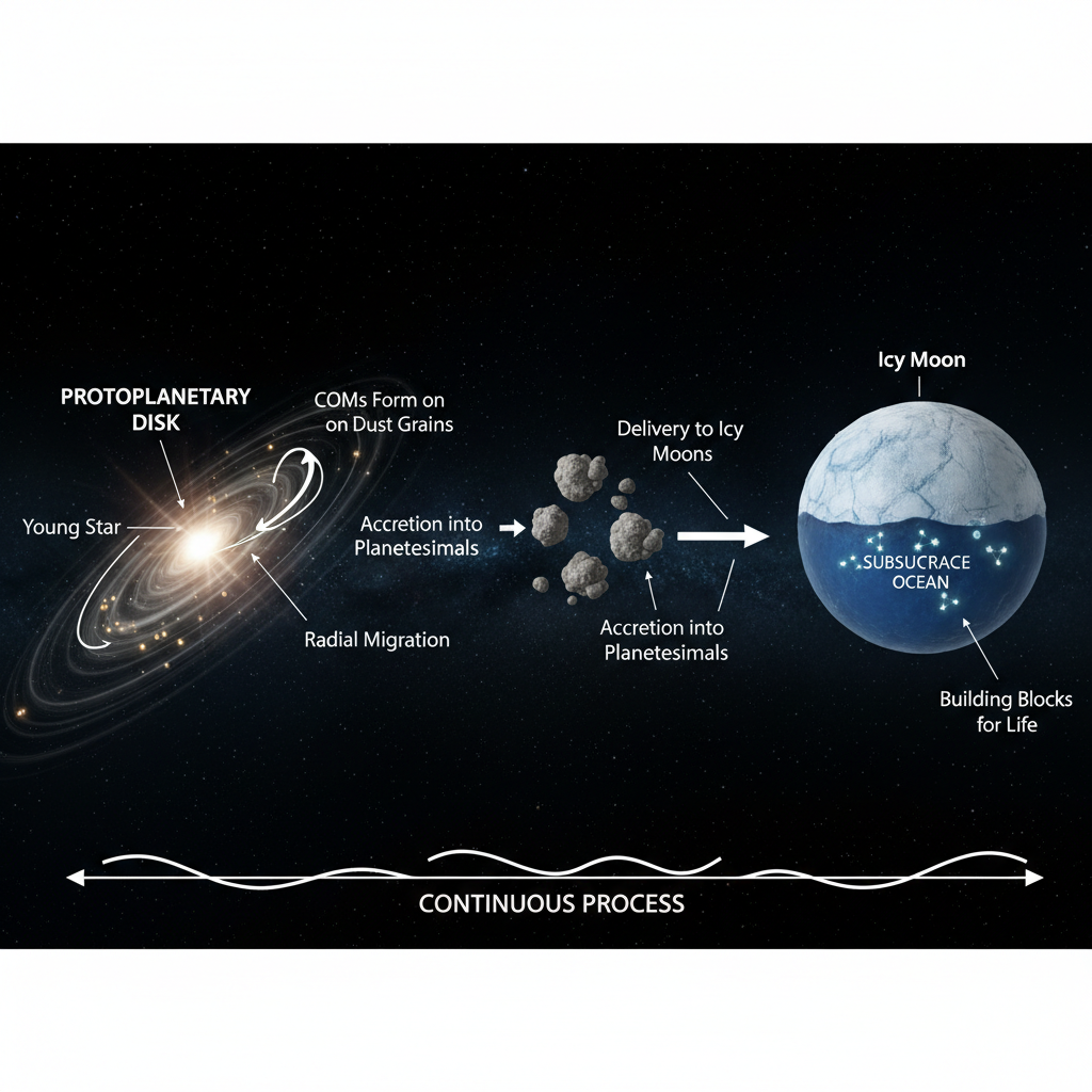 Este infográfico traça a jornada cósmica das moléculas orgânicas complexas (COMs), desde sua formação em discos protoplanetários até sua entrega às luas geladas, onde podem servir como blocos construtores para a vida em oceanos subsuperficiais.