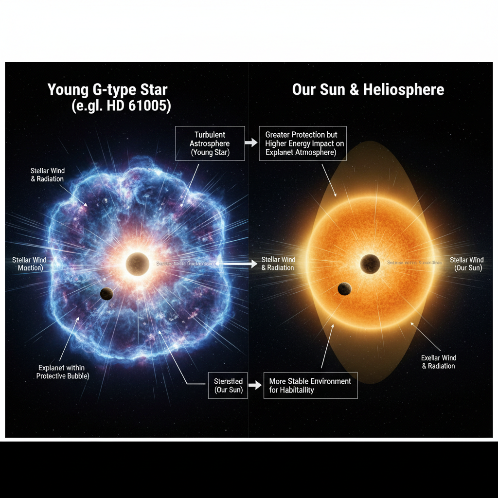 A comparação entre a astrosfera de estrelas G jovens, como HD 61005, e a heliosfera do nosso Sol, ilustra a importância dessas bolhas protetoras para a habitabilidade planetária. Uma astrosfera robusta pode escudar exoplanetas da radiação cósmica, um fator crítico para o surgimento e a sustentação da vida.