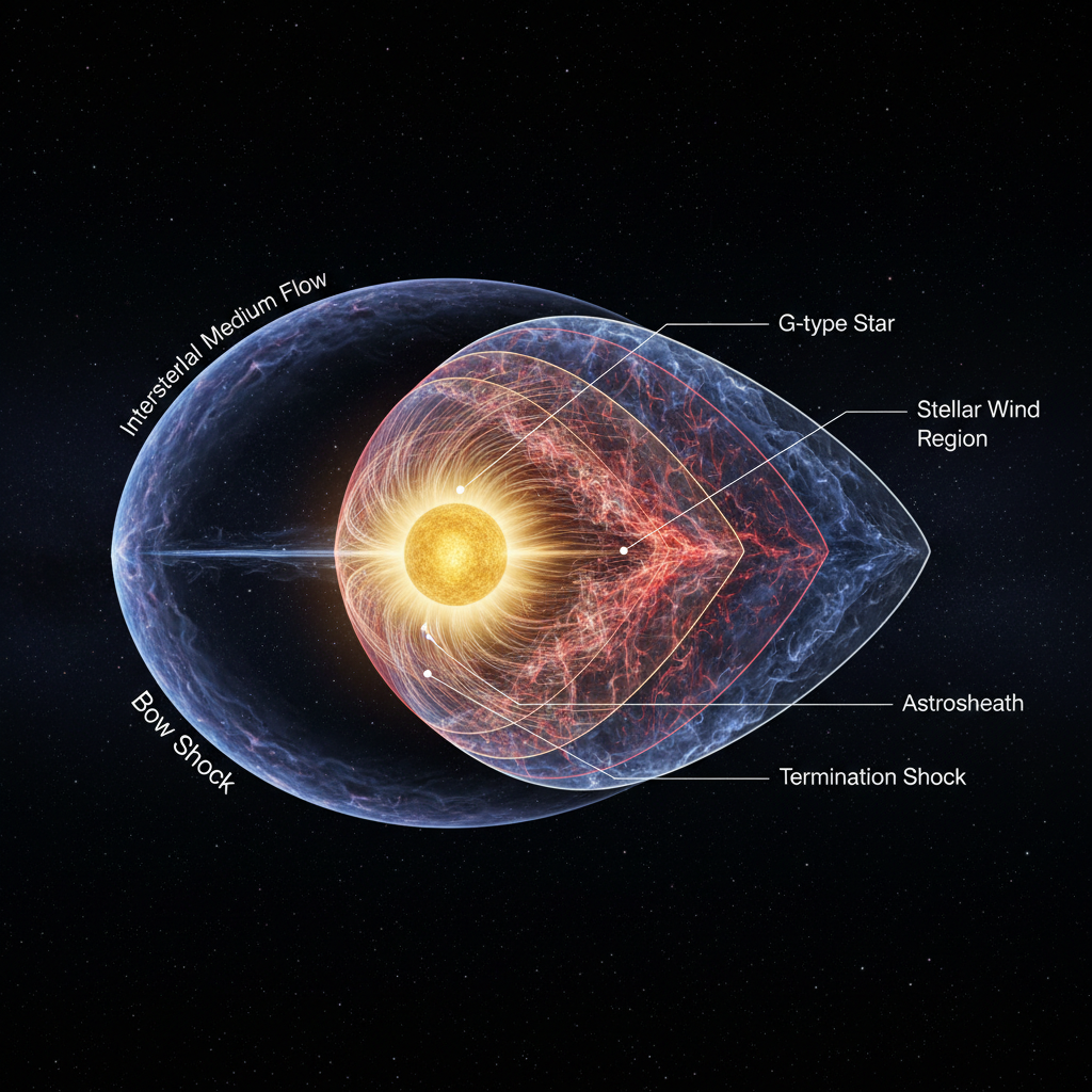 Este infográfico demonstra a formação dinâmica de uma astrosfera, onde o vento estelar da estrela interage com o meio interestelar. Essa interação cria uma série de choques e limites, formando uma bolha protetora essencial para a habitabilidade de quaisquer planetas em órbita.