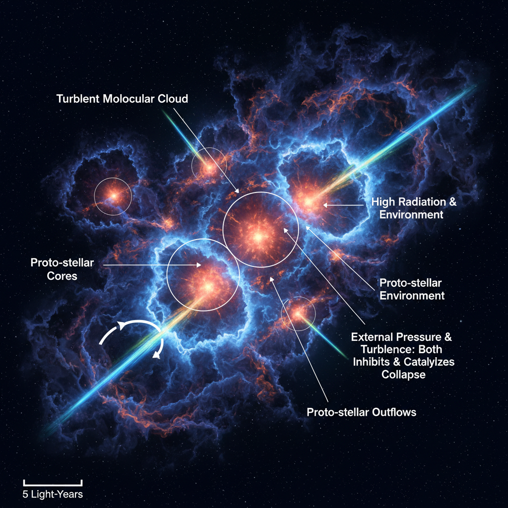 Este infográfico detalha o processo de formação estelar em ambientes extremos como a ZMC, onde a turbulência e a alta pressão moldam o colapso das nuvens moleculares em protoestrelas.